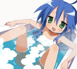 1girl :3 absurdres ahoge armpits bathtub blue_hair blush collarbone completely_nude convenient_censoring dot_nose feet_out_of_frame flat_chest foam_on_body green_eyes hair_between_eyes highres in_bathtub indoors izumi_konata jitome long_hair looking_at_viewer lucky_star mole mole_under_eye no_pupils nude ogaoekaki open_mouth sidelocks simple_background smile soap_bubbles soap_censor solo spread_legs straight_hair white_background