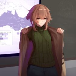 1girl absurdres australia black_pants brown_coat brown_eyes brown_hair chalkboard clio_aite closed_mouth coat flag green_sweater highres hungary nad_(gon4d) open_clothes open_coat pants phase_connect scar scar_across_eye scar_on_face smirk solo sweater virtual_youtuber