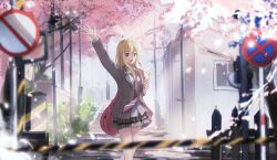 1girl absurdres arm_up bare_legs blonde_hair blue_sky blurry blurry_foreground building bush cherry_blossoms collared_jacket collared_shirt cowboy_shot falling_petals fence grey_eyes grey_jacket grey_skirt hair_between_eyes happy highres jacket lamppost lapels light_blush long_hair long_sidelocks looking_ahead meng_qiao miniskirt miyazono_kawori necktie notched_lapels open_clothes open_jacket open_mouth palms petals pink_necktie plaid_clothes plaid_skirt pleated_skirt railroad_crossing road_sign school_uniform shigatsu_wa_kimi_no_uso shirt sidelocks sign skirt sky smile solo spring_(season) stairs striped_necktie tareme tree very_long_hair violin_case walking white_shirt