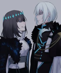 1boy 1girl black_bow black_cape black_coat black_hair blue_eyes bow breasts buttons cape coat crown double-breasted evil_grin evil_smile eye_contact fate/grand_order fate_(series) from_side frown fur-trimmed_cape fur_trim genderswap genderswap_(ftm) genderswap_(mtf) grey_background grin hair_bow hair_over_shoulder highres long_hair long_sleeves looking_at_another low_ponytail medium_breasts medium_hair morgan_le_fay_(fate) oberon_(fate) oberon_(third_ascension)_(fate) ponytail popped_collar profile sash shaded_face shirt shoulder_sash sidelocks simple_background smile sumi_(gfgf_045) white_cape white_hair white_shirt