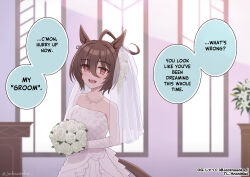 Rule 34 | 1girl, agnes tachyon (umamusume), ahoge, alternate costume, animal ears, artist name, bare shoulders, bouquet, breasts, bridal veil, bride, brown eyes, brown hair, church, collarbone, commentary, dress, ear piercing, elbow gloves, english commentary, english text, flower, gloves, hair between eyes, highres, holding, holding bouquet, horse ears, horse girl, horse tail, huge ahoge, indoors, jack (jacknoeaka), jewelry, looking at viewer, necklace, open mouth, pearl necklace, piercing, rose, see-through clothes, see-through veil, short hair, sleeveless, sleeveless dress, smile, solo, speech bubble, strapless, strapless dress, tail, talking, umamusume, veil, wedding, wedding dress, white dress, white flower, white gloves, white rose, white veil, window