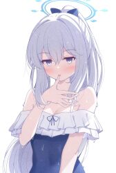 Rule 34 | bare shoulders, blue archive, blue halo, blue one-piece swimsuit, grey hair, hair between eyes, halo, highres, karikura (atatata71), long hair, looking at viewer, miyako (blue archive), miyako (swimsuit) (blue archive), one-piece swimsuit, ponytail, purple eyes, simple background, swimsuit, white background