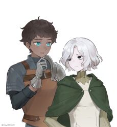 2boys absurdres armor bags_under_eyes black_eyes black_hair blue_eyes chainmail curly_hair dark-skinned_male dark_skin dungeon_meshi elf gorget grey_hair highres kabru lazy_eye leather_armor long_sleeves looking_at_another male_focus mayo_(mayo88meshi) mithrun multiple_boys notched_ear open_mouth pauldrons pointy_ears short_hair shoulder_armor simple_background single_pauldron uneven_eyes upper_body white_background