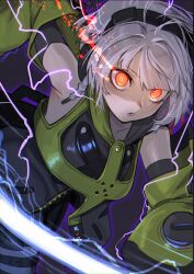 Rule 34 | 1girl, anby demara, bare shoulders, black jacket, detached sleeves, green jacket, haishima xv, headphones, highres, jacket, long sleeves, looking at viewer, multicolored jacket, open mouth, orange eyes, short hair, solo, two-tone jacket, white hair, zenless zone zero