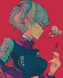 Rule 34 | 1girl, absurdres, alternate color, blue hair, blue shirt, breasts, cigarette, closed mouth, clothes pull, collared shirt, commentary, elliemaplefox, english commentary, facial scar, gradient eyes, hand up, highres, holding, holding cigarette, jacket, jacket pull, large breasts, lips, looking to the side, midriff peek, multicolored eyes, original, profile, purple jacket, red background, red nails, scar, scar on cheek, scar on face, shirt, short hair, simple background, smoke, solo, upper body