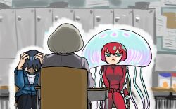 Rule 34 | 3girls, absurdres, amate yuzuriha, aqua eyes, black hair, bodysuit, breasts, closed mouth, commentary request, cosplay, gundam, gundam gquuuuuux, hand in own hair, hand on own head, highres, jacket, jellyfish, jellyfish girl, locker, mother and daughter, multiple girls, oniki7876, red hair, shirt, short hair, sitting, table, tamaki yuzuriha, tentacles
