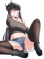 1girl absurdres ananda_hikari arms_behind_back azur_lane black_choker black_hair black_hat black_sweater blush breasts casual choker cropped_shirt cropped_sweater demon_girl demon_horns denim denim_shorts detached_sleeves full_body hat highres horns horns_through_headwear legs lollipop_in_mouth long_hair medium_breasts micro_shorts midriff navel noshiro_(azur_lane) noshiro_(dressed-up_date)_(azur_lane) oni purple_eyes shorts single_bare_shoulder solo spread_legs stomach sweater thighhighs thighs torn_clothes torn_shorts vertical-striped_sweater very_long_hair