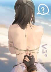 1boy 1girl ? armlet back bare_shoulders beach belly_chain bikini black_gloves black_hair cloud_strife cloud_strife_(maritime_sailor) commentary_request final_fantasy final_fantasy_vii final_fantasy_vii_ever_crisis fingerless_gloves from_behind gloves hair_bun highres jewelry long_hair official_alternate_costume official_alternate_hairstyle outdoors pov pov_hands ruka_ika sand sarong see-through_clothes see-through_sarong spoken_question_mark string string_pull swimsuit tifa_lockhart tifa_lockhart_(passion_mermaid) upper_body white_bikini