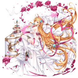 1girl aata1007 absurdres ahoge bare_shoulders bird blonde_hair blue_eyes blue_flower blush breasts cake cake_slice commentary_request cupcake detached_sleeves escoffier_(genshin_impact) flower food food_in_mouth from_side full_body genshin_impact hair_flower hair_ornament hand_up heart heart_tail high_heels highres large_breasts long_hair looking_to_the_side macaron mechanical_tail popsicle popsicle_in_mouth simple_background sitting solo tail thighhighs tiered_tray very_long_hair white_bird white_sleeves white_thighhighs