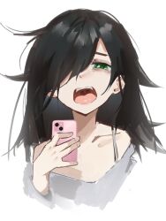 1girl bags_under_eyes black_hair cellphone danraz0r green_eyes highres holding holding_phone kuroki_tomoko long_hair messy_hair open_mouth phone selfie smartphone solo watashi_ga_motenai_no_wa_dou_kangaetemo_omaera_ga_warui!
