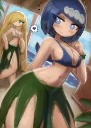 2girls absurdres beach bikini blonde_hair blue_bikini blue_eyes blue_hair blush breasts cleavage cloud collarbone grass_skirt green_eyes hair_over_one_eye hairband heart highres lana&#039;s_mother_(pokemon) large_breasts long_hair looking_at_viewer lusamine_(pokemon) mature_female multiple_girls navel nintendo ocean palm_tree pokemon pokemon_(anime) pokemon_sm_(anime) ponytail sand sky smile sparkle speech_bubble spoken_heart standing swimsuit thick_thighs thighs tony_welt tree water white_bikini wide_hips wristband