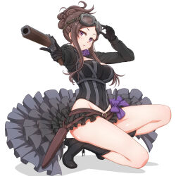 Rule 34 | 1girl, adjusting eyewear, aiming, aiming at viewer, belt, black boots, black gloves, black skirt, boots, bow, breasts, brown belt, brown hair, commentary request, dorothy (princess principal), folded ponytail, gloves, goggles, goggles on head, gun, hand on eyewear, handgun, holding, holding gun, holding weapon, large breasts, long sleeves, looking at viewer, microskirt, on one knee, princess principal, purple bow, purple eyes, revolver, shadow, shakunetsujigoku, showgirl skirt, sidelocks, simple background, skirt, solo, trigger discipline, weapon, white background
