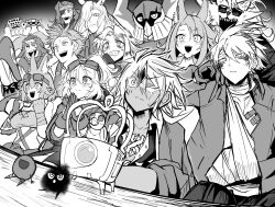 albaz_(yu-gi-oh!) character_request duel_monster ecclesia_(yu-gi-oh!) goggles goggles_on_head greyscale group_picture highres long_hair monochrome movie_projector one_eye_closed sharp_teeth short_hair synchroman teeth yu-gi-oh!