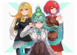3girls absurdres black_jacket black_pantyhose blonde_hair breasts brown_jacket cowboy_shot earrings green_eyes green_hair grey_shirt group_picture high_ponytail highres jacket jewelry large_breasts long_hair looking_at_viewer multiple_girls mythra_(xenoblade) pantyhose parted_lips pleated_skirt pneuma_(xenoblade) ponytail pyra_(xenoblade) red_eyes red_hair red_skirt shirt short_hair simple_background skirt smile tarbo_(exxxpiation) tiara white_background white_jacket white_skirt xenoblade_chronicles_(series) xenoblade_chronicles_2 yellow_eyes