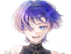 Rule 34 | 1boy, black bodysuit, blue eyes, blunt ends, bodysuit, eyelashes, eyeliner, eyeshadow, genshin impact, gunocha, hair intakes, hair over one eye, highres, looking at viewer, makeup, male focus, mandarin collar, multicolored hair, off shoulder, open mouth, pink hair, portrait, purple eyes, purple hair, red eyeliner, red eyeshadow, scaramouche (genshin impact), solo, straight-on, streaked hair, teeth, wanderer (genshin impact), white background, wispy bangs