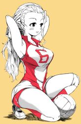 1girl absurdres adjusting_hair armpits blush breasts forehead girls_und_panzer highres knee_brace kneeling large_breasts limited_palette long_hair red_socks sasaki_akebi shiiba_aki shirt shorts sideboob sleeveless sleeveless_shirt socks solo sportswear sweat thighs volleyball volleyball_uniform yellow_background
