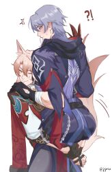 ! !? 2boys ? absurdres animal_ear_fluff animal_ears ass ass_focus back bandaged_wrist bandages belt black_belt black_gloves blush carrying carrying_person chinese_clothes closed_mouth commentary couple cropped_jacket ear_blush english_commentary feathers fox_boy from_behind from_side gloves grey_hair hair_between_eyes hand_on_another&#039;s_shoulder highres holding_own_wrist honkai:_star_rail honkai_(series) hood hood_down jacket jiaoqiu_(honkai:_star_rail) jojorice52 leaning leaning_on_person light_smile long_hair looking_down looking_to_the_side loose_belt moze_(honkai:_star_rail) multiple_boys one_eye_closed orange_eyes pants pink_hair purple_eyes purple_hood purple_jacket purple_tank_top red_feathers scar scar_on_arm short_hair short_sleeves simple_background single_glove sleeveless spoken_exclamation_mark spoken_question_mark standing tail tail_wagging tank_top twitter_username white_background yaoi