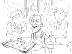 1girl 2boys apron baking character_request cookie cookie_clicker factory farm food grandma_(cookie_clicker) greyscale highres monochrome multiple_boys niku-name rocket sketch