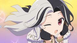 Rule 34 | 1girl, black hair, bocchi the rock!, goddess of victory: nikke, hair ornament, hasegawa ikumi, highres, jewelry, kita ikuyo, long hair, looking at viewer, multicolored hair, one eye closed, parody, pupupuplus, red eyes, rosanna (nikke), scene reference, smile, solo, split-color hair, two-tone hair, voice actor connection, white hair
