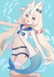 1girl :3 animal_ear_fluff animal_ears bare_arms bikini blonde_hair blue_background blue_eyes blue_hair blue_neckerchief blue_sailor_collar bow buttons cat_ears collar collarbone commentary cowboy_shot dress feet_out_of_frame fins fish fish_girl fish_tail flat_chest floofyfloffy frilled_dress frills hair_bow highres indie_virtual_youtuber leaning_to_the_side leg_up lifebuoy_hair_ornament long_hair looking_at_viewer low_twintails multicolored_hair navel neckerchief one_side_up open_mouth outstretched_arm paper_boat sailor_collar sameko_saba short_shorts shorts sleeveless sleeveless_dress smile solo streaked_hair striped_bikini striped_clothes swimsuit symbol-only_commentary tail teeth tongue twintails unbuttoned upper_teeth_only very_long_hair virtual_youtuber white_dress white_shorts