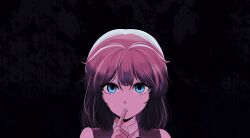 1other absurdres androgynous bare_shoulders black_background blue_eyes brown_hair choker cine_hamal ex_mugennumaya expressionless eyelashes finger_to_mouth hair_between_eyes highres jacket kuzu_suzumi len&#039;en medium_hair no_headwear open_clothes open_jacket orange_jacket other_focus parted_lips simple_background sleeveless sleeveless_jacket solo upper_body white_choker