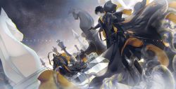 aiming_up black_cloak black_footwear black_gloves black_hair black_pants cane chess_piece chessboard chinese_commentary cloak commentary_request gloves gun gundongdejie hidden_face holding holding_cane holding_weapon hood hooded_cloak jacket klein_moretti looking_at_another lord_of_the_mysteries pants short_hair sky space star_(sky) starry_sky tentacles the_celestial_worthy_of_heaven_and_earth watermark weapon web_address