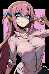 1girl bags_under_eyes black_eyeliner black_eyeshadow black_skirt bocchi_the_rock! breasts collar commentary_request cube_hair_ornament eyelashes eyeliner eyeshadow gotoh_hitori hair_between_eyes hair_ornament highres jacket large_breasts long_hair long_sleeves makeup nagainegi one_side_up open_mouth pink_hair pink_jacket pink_track_suit pleated_skirt side_ahoge sidelocks skirt sleeves_rolled_up solo sweatdrop track_jacket track_suit v