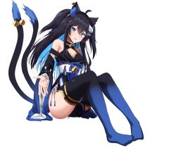 1girl :3 ahoge animal_ear_fluff bare_shoulders bell black_dress black_hair black_kimono black_sleeves black_tail black_thighhighs blue_bow blue_eyes blue_hair blue_sleeves blue_thighhighs bow breasts bright_pupils cat_girl cat_hair_ornament cat_mask cat_tail chinese_knot cleavage_cutout clothing_cutout colored_inner_hair commentary_request cross-laced_clothes detached_sleeves dress ear_bell flower full_body fur-trimmed_collar fur_trim furisode gold_trim gradient_legwear gradient_sleeves gradient_thighhighs hair_between_eyes hair_flower hair_ornament hairclip halterneck highres japanese_clothes jingle_bell kimono knees_up long_hair looking_at_viewer manosalvaje2000 mask medium_breasts mole mole_under_mouth multicolored_hair multiple_tails neck_bell no_shoes nott_(vtuber) outstretched_arm outstretched_hand owozu parted_lips priestess sash second-party_source short_kimono side_slit sitting sleeveless sleeveless_dress sleeveless_kimono solo spanish_commentary tail tail_bell tail_ornament thighhighs two_side_up waist_bow white_background white_pupils white_sash wide_sleeves