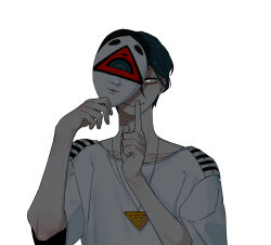 1boy absurdres blue_hair closed_mouth commentary_request covering_face finger_to_mouth hair_between_eyes hands_up highres holding holding_mask index_finger_raised looking_at_viewer maelo male_focus mask meguriya_ayumu short_hair short_sleeves shushing simple_background smile solo toshi_densetsu_kaitai_center triangle_necklace upper_body white_background white_eyes