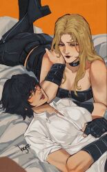 2girls artist_name black_choker black_gloves black_hair black_pants blonde_hair choker devil_may_cry_(series) fingerless_gloves gloves green_eyes hejee heterochromia highres lady_(devil_may_cry) long_hair lying midriff_peek multiple_girls on_back on_stomach pants red_eyes shirt short_hair signature trish_(devil_may_cry) white_shirt