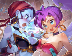 2girls angry arguing asymmetrical_docking bandana bandeau blue_eyes bracer breast_press breasts cleavage colored_skin commentary covered_erect_nipples crying earrings english_commentary grey_skin highres hoop_earrings jewelry joy-con large_breasts long_hair momochi_momotan multiple_girls nintendo o-ring o-ring_top open_mouth pendant_choker pointing pointy_ears ponytail purple_hair revision risky_boots rivalry shantae shantae_(series) super_smash_bros. tears teeth underboob upper_body upper_teeth_only