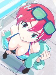 1girl amate_yuzuriha bare_shoulders bikini black_skirt boots breasts chair cleavage close-up commentary eyewear_on_head from_above glasses green_eyes gundam gundam_gquuuuuux highres jacket kyaranenko large_breasts looking_at_viewer lounge_chair multicolored_eyes open_mouth outdoors red_eyes red_hair removing_jacket short_hair skirt solo striped_bikini striped_clothes swimsuit undressing
