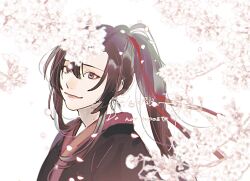 Rule 34 | 1010923, 1boy, bishounen, black hair, black hanfu, blurry, branch, cherry blossoms, chinese clothes, closed mouth, falling petals, flower, grey eyes, hair between eyes, hair ribbon, hanfu, high ponytail, highres, long hair, looking at viewer, male focus, modao zushi, petals, ponytail, red ribbon, ribbon, sidelocks, simple background, smile, solo, twitter username, upper body, watermark, wei wuxian, white background, white flower