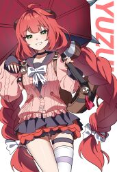 Rule 34 | 1girl, absurdres, ahoge, animal on back, asdff9919, black choker, black sailor collar, black skirt, bow, braid, cardigan, character name, chest bow, choker, commentary, cowboy shot, fingernails, green eyes, grin, hair bow, highres, holding, holding umbrella, kama (zenless zone zero), long hair, long sleeves, looking at viewer, pink cardigan, pleated skirt, red hair, red umbrella, sailor collar, simple background, single thighhigh, skirt, smile, solo, sphere hair ornament, standing, thigh strap, thighhighs, twin braids, ukinami yuzuha, umbrella, white background, white bow, zenless zone zero