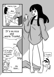 Rule 34 | 1boy, 1girl, black eyes, black hair, blush, couple, dragon ball, dragon ball super, happy, highres, long hair, mai (future) (dragon ball), munchkin kittyhams, smile, trunks (dragon ball), trunks (future) (dragon ball), uncensored