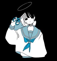 1girl black_background black_hair blending blue_neckerchief blue_sailor_collar commentary flat_color flying_nimbus head_tilt holding holding_scissors limited_palette looking_at_viewer midriff_peek multicolored_hair neckerchief original sailor_collar school_uniform scissors serafuku shirt simple_background solo sskitaco tearing_up two-tone_hair white_hair white_shirt