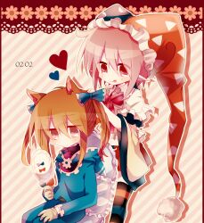 2boys animal_ears black_sweater black_thighhighs blue_bow blue_jacket bow brown_eyes brown_hair capelet closed_mouth commentary_request eyes_visible_through_hair frilled_capelet frilled_hat frills gloves gold_trim hair_between_eyes hair_bow hand_mirror hat heart holding holding_mirror hood hood_down hooded_jacket jacket jester_cap kirby_(series) long_sleeves magolor male_focus marx_(kirby) mirror multicolored_headwear multiple_boys neck_ribbon nintendo no_nose personification pink_eyes pink_hair pointy_ears pom_pom_(clothes) red_ribbon red_shorts ribbon shirt short_hair shorts sidelocks sitting smile striped_clothes striped_thighhighs sweat sweater thighhighs three-quarter_sleeves tongue tongue_out turtleneck turtleneck_sweater twintails twintails_day tying_hair usagi_nui v-shaped_eyebrows white_capelet wide_sleeves yellow_gloves yellow_shirt