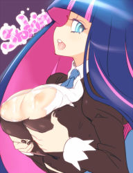 10s 1girl black_nails blue_eyes blunt_bangs breast_lift breasts character_name colored_inner_hair female_focus glance hime_cut inverted_nipples large_breasts long_hair looking_at_viewer multicolored_hair nail_polish naso4 naughty_face necktie nipples panty_&amp;_stocking_with_garterbelt pink_hair purple_hair solo stocking_(psg) tongue tongue_out torn_clothes two-tone_hair upper_body