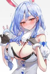 2girls animal_ears bare_shoulders black_bra black_gloves blue_hair blush bra breasts brown_eyes cleavage dress gloves highres hololive large_breasts long_hair multiple_girls pekomama rabbit_ears rabbit_girl rum_raisin_(chihiromakita19) simple_background solo_focus strapless strapless_dress underwear upper_body usada_pekora usada_pekora_(1st_costume) virtual_youtuber white_background white_dress