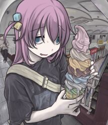 Rule 34 | 1girl, absurdres, alternate costume, bag, blue eyes, bocchi the rock!, cube hair ornament, fang, fisheye, food, gotoh hitori, gudon udon, hair ornament, highres, holding, holding food, holding ice cream, ice cream, ice cream cone, mall, multiple scoops, muted color, nervous, nervous smile, nervous sweating, pale skin, pink hair, pixies (band), shoulder bag, side ahoge, skin fang, smile, solo, sweat, too many, too many scoops