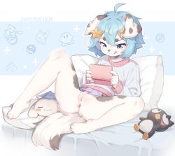 1girl :q animal_ears anus badtz-maru barefoot blue_eyes blue_hair cinnamoroll cleft_of_venus closed_mouth dog_ears dog_girl dog_tail full_body furry furry_female grey_shirt hair_ornament handheld_game_console highres holding holding_handheld_game_console kirby kisahuiisa long_sleeves miniskirt nintendo_ds original playing_games pleated_skirt puffy_long_sleeves puffy_sleeves purple_skirt pussy shirt short_hair skirt solo star_(symbol) star_hair_ornament tail tongue tongue_out uncensored