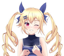 Rule 34 | 1girl, absurdres, bare shoulders, baseball uniform, blonde hair, blue bow, blue shirt, bow, cinderella series, crying, drill hair, grin, hachigatsu no cinderella nine, hair bow, hair ornament, hair ribbon, hairclip, highres, kousaka tsubaki, long hair, one eye closed, portrait, red eyes, ribbon, shinshiro, shirt, simple background, sleeveless, sleeveless shirt, smile, solo, sportswear, teeth, twin drills, twintails, upper body, white background