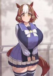 1girl absurdres alternate_breast_size animal_ears belno_light_(umamusume) bow bowtie breasts brown_hair collarbone commentary_request cowboy_shot ear_ornament ear_ribbon hair_ornament highres holding horse_ears horse_girl horse_tail horseshoe_ornament huge_breasts layered_skirt letter_hair_ornament long_sleeves looking_at_viewer multicolored_hair noe_(ppppriver) pleated_skirt purple_sailor_collar purple_serafuku purple_shirt purple_skirt purple_thighhighs sailor_collar sailor_shirt school_uniform serafuku shirt short_hair skirt smile solo tail thighhighs tracen_school_uniform two-tone_hair two-tone_shirt two-tone_skirt umamusume umamusume:_cinderella_gray white_bow white_bowtie white_hair winter_uniform yellow_eyes