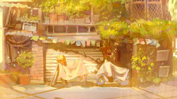 absurdres air_conditioner birdcage brick_wall building cage commentary condenser_unit english_commentary garage gwagwagwa highres motor_vehicle motorcycle nature no_humans original outdoors pixiv_username plant potted_plant scenery shadow tarpaulin tree vines watermark