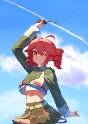 1girl absurdres ahoge arm_at_side arm_up belt black_shirt black_skirt blue_sky blush brown_belt buttons clenched_hand cloud cropped_shirt drill_hair fingerless_gloves flat_chest floating_clothes gloves grey_shirt grin hair_between_eyes highres holding holding_walkie-talkie kasane_teto kasane_teto_(voicepeak) lo_thaam long_sleeves looking_at_viewer midriff one_eye_closed popped_button red_eyes red_hair red_nails shirt skirt skirt_set sky smile solo sound_wave twin_drills utau voicepeak walkie-talkie