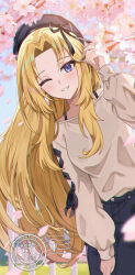Rule 34 | 1girl, absurdres, alpha (kage no jitsuryokusha ni naritakute!), black hair, black pants, black ribbon, blonde hair, blue eyes, blurry, blurry foreground, cherry blossoms, day, grin, highres, kage no jitsuryokusha ni naritakute!, leaning forward, long hair, looking at viewer, matsumoto yuu, one eye closed, outdoors, pants, ribbon, smile, solo, standing, sweater, very long hair, white sweater