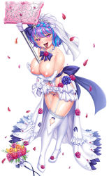 1girl :3 alternate_costume bare_shoulders between_breasts blush breast_hold breasts breasts_out bridal_gauntlets bridal_veil bride cellphone cleavage clothes_lift clothing_cutout curvy dress fang flower full_body gloves hair_ornament happy highleg highleg_panties holding holding_phone large_breasts lifting_own_clothes lilith-soft medium_hair multicolored_hair nail_polish naughty_face navel_cutout nipples official_alternate_costume open_mouth panties petals phone puffy_nipples revealing_clothes saijou_satoru seductive_smile selfie selfie_pose shiny_clothes shiny_skin simple_background skin_fang skirt skirt_lift smile star-shaped_pupils star_(symbol) sweat symbol-shaped_pupils taimanin_(series) taimanin_rpgx thighhighs thong two-tone_hair underwear veil wedding_dress bridal_lingerie white_background wide_hips yatsushiro_momoka