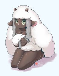 1girl :3 animal animal_ears bare_legs braid breasts cleavage closed_eyes creature_and_personification dark-skinned_female dark_skin furry furry_female gen_8_pokemon heart holding holding_animal horns looking_at_viewer medium_breasts nintendo personification pokemon pokemon_(creature) pokemon_swsh rilex_lenov seiza sheep sheep_ears sheep_girl sheep_horns side_braid sitting thighs twin_braids wool wooloo yellow_eyes