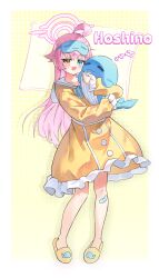 Rule 34 | 1girl, :d, absurdres, ahoge, bandaid, bandaid on leg, blue archive, blue eyes, blue ribbon, blush, capry, character name, collarbone, commentary, crossed bangs, dress, fang, frilled dress, frills, full body, grid, hair between eyes, hair flaps, halo, heterochromia, highres, holding, holding stuffed toy, hoshino (blue archive), huge ahoge, long hair, long sleeves, neck ribbon, open mouth, orange eyes, pajamas, pink hair, pink halo, ribbon, sailor collar, sailor dress, shadow, sidelocks, skin fang, sleep mask, sleeves past wrists, slippers, smile, solo, standing, stuffed toy, stuffed whale, very long hair, white sailor collar, yellow background, yellow dress, zzz