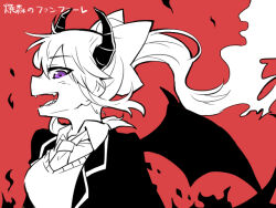 Rule 34 | 1girl, :d, blazer, bow, breasts, chibi, collared shirt, dragon girl, dragon horns, dragon wings, fiery hair, floating hair, hair between eyes, hair bow, higuchi kaede, higuchi kaede (1st costume), horns, jacket, long hair, medium breasts, necktie, nijisanji, open clothes, open jacket, open mouth, ponytail, purple eyes, rebecca (keinelove), red background, school uniform, sharp teeth, shirt, smile, solo, sweater, teeth, translation request, upper body, very long hair, virtual youtuber, wings